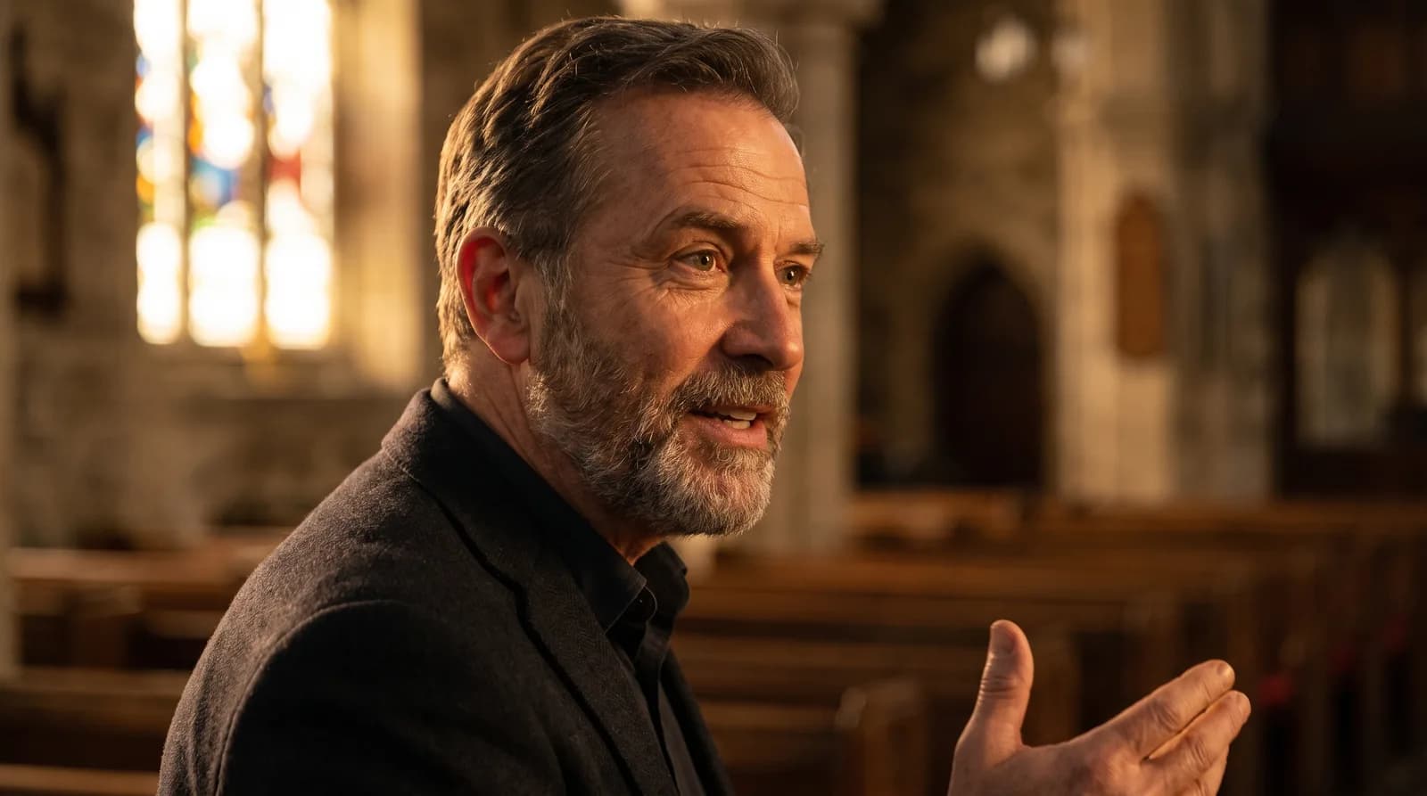 AI-generated thumbnail: a grey-bearded speaker mid-sentence in a sunlit stone church, stained glass behind him