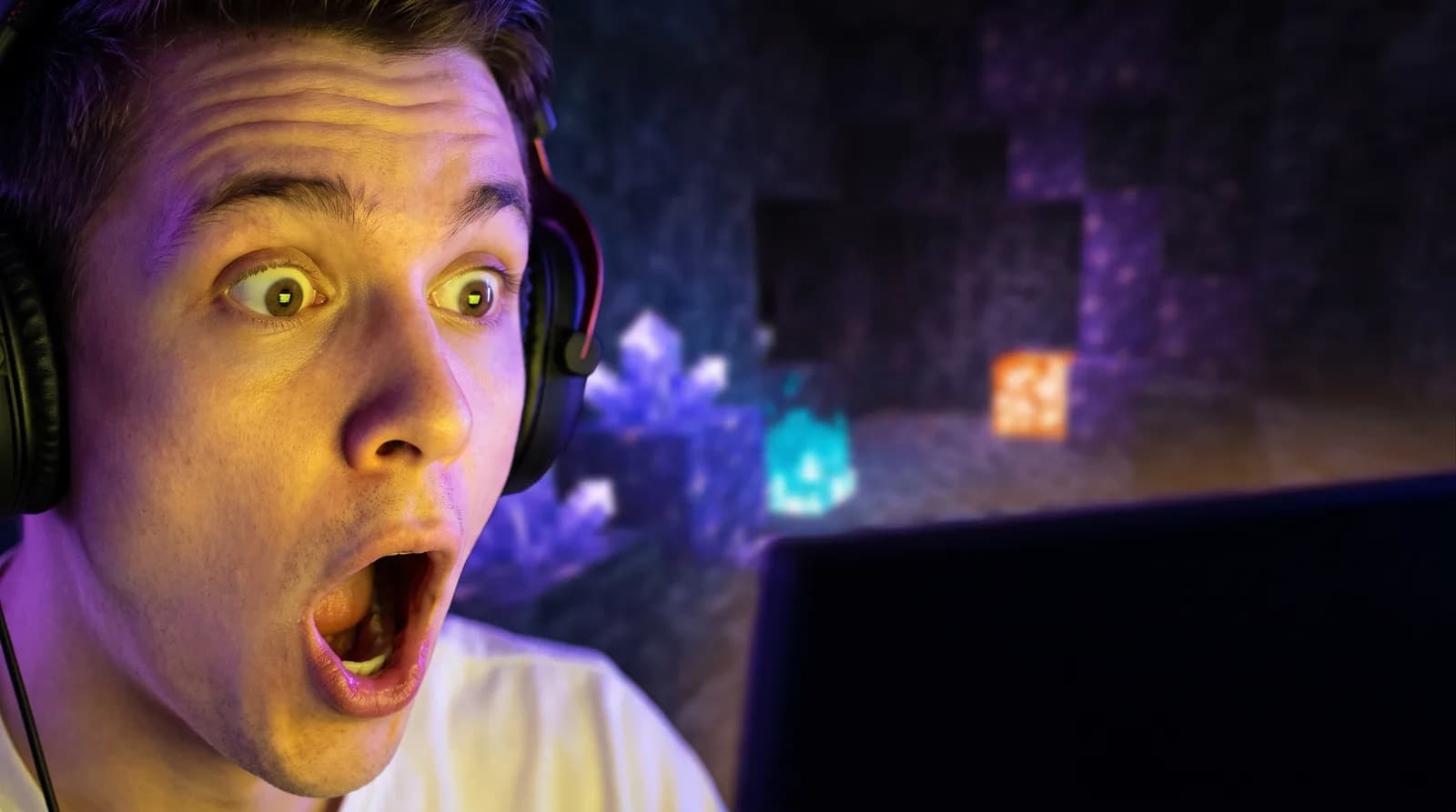 AI-generated example thumbnail: A gamer with a shocked expression after finding a rare diamond in a Minecraft cave